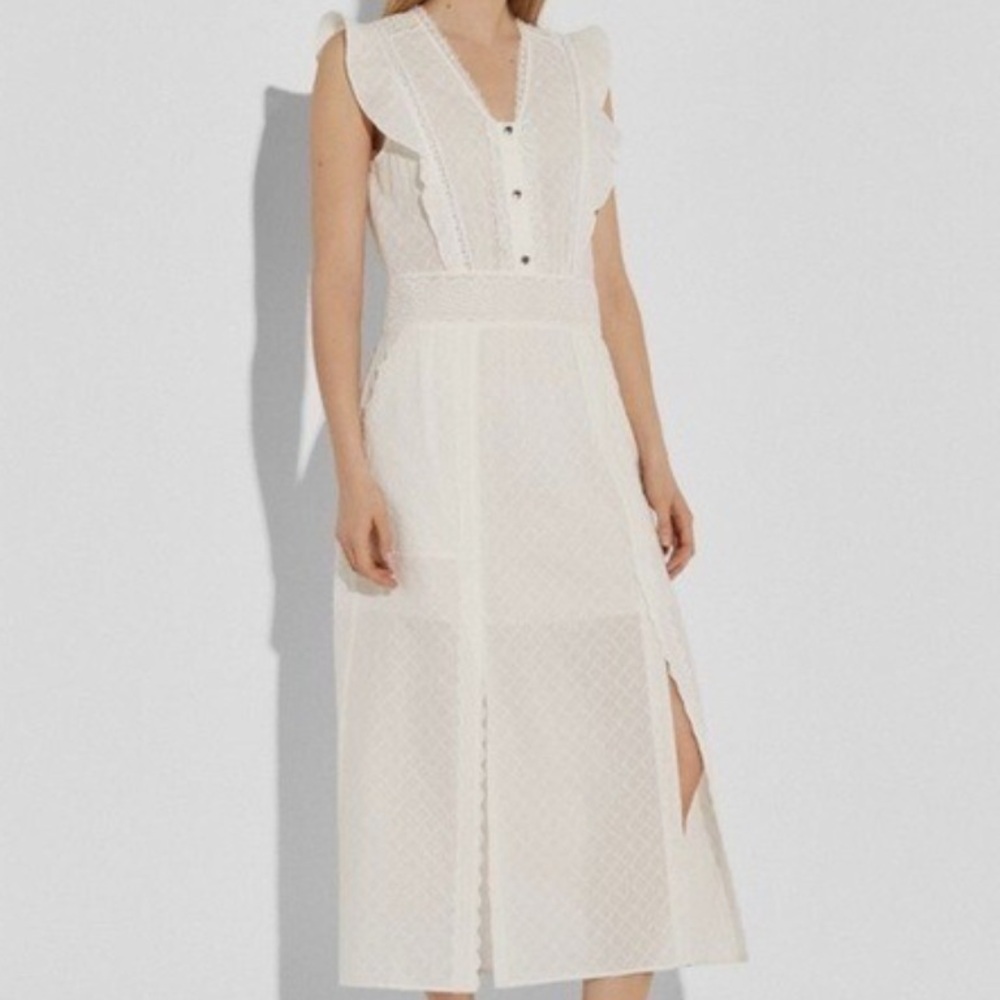 Coach Broderie Anglaise White Lace Button Front Maxi Dress